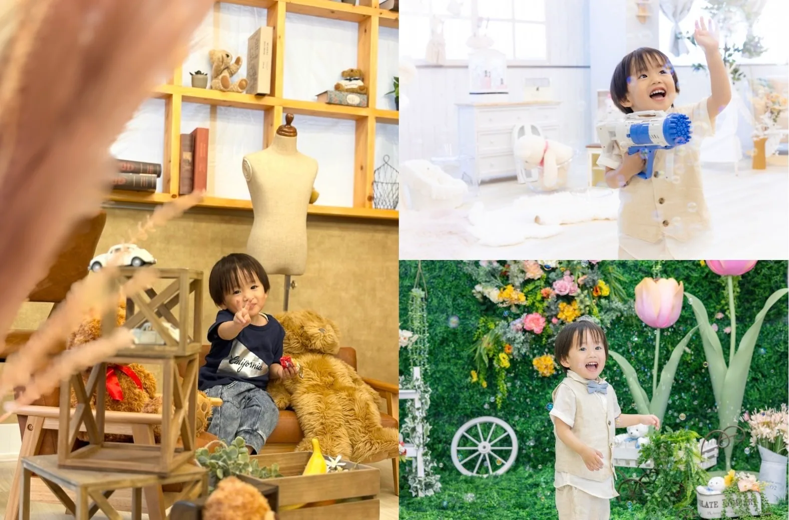 三ノ宮店の常設撮影ブースで撮影した子どもの写真（ナチュラル・ホワイト・ガーデンの3ブース）